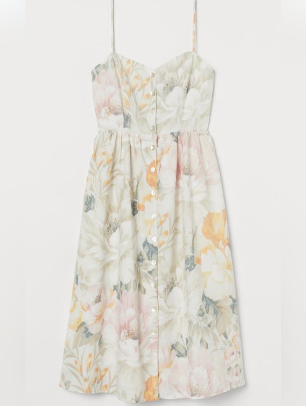 H&M Cream Floral LINEN Midi Dress With Sweetheart Neck Romantic Size Small